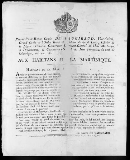 Vaugiraud adresse ses adieux aux habitants de la Martinique, Fort-Royal, 12 janvier 1818. - 1 affiche (2 exemplaires).